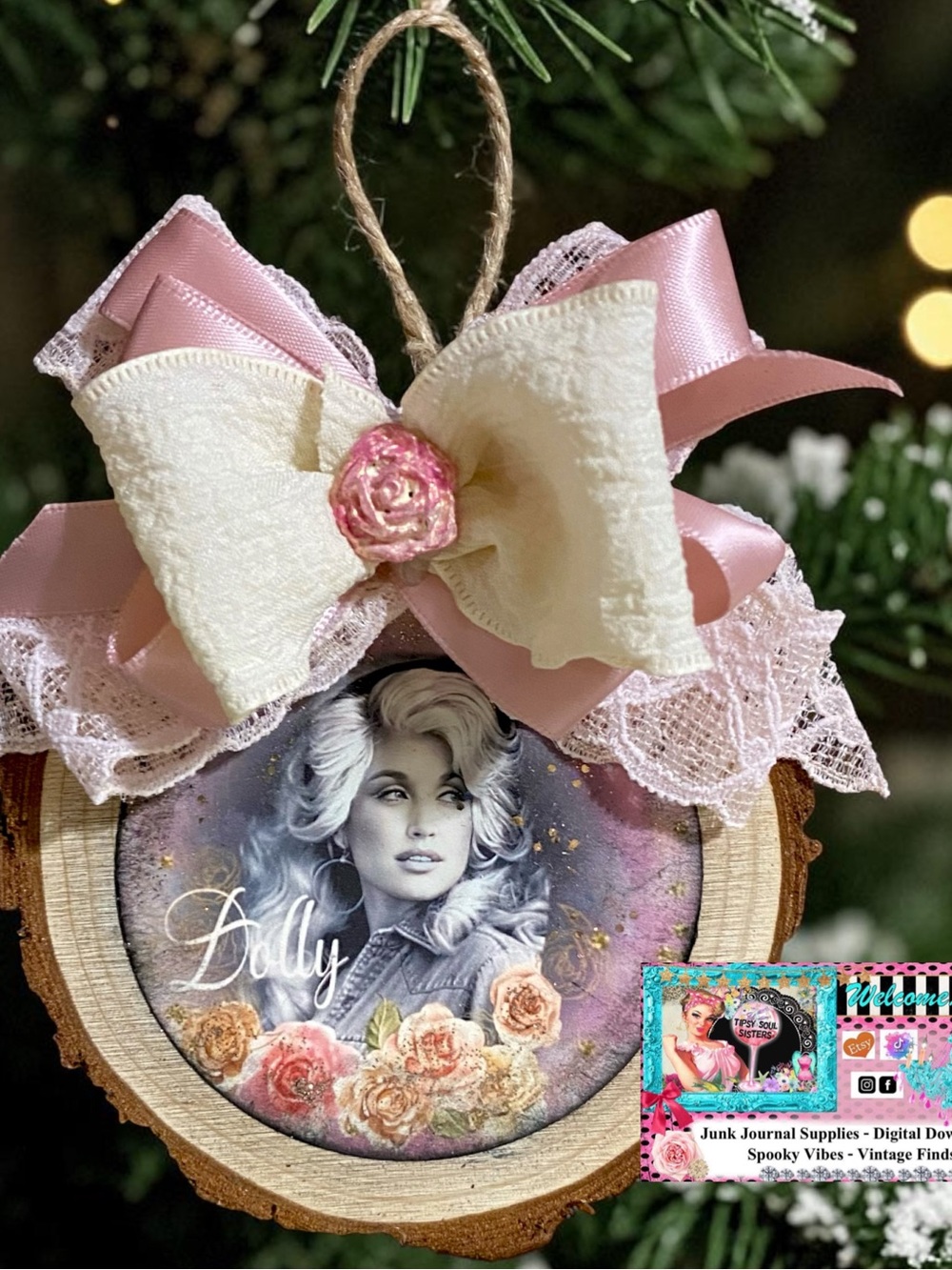 Pink Dolly Wooden Bark Ornament